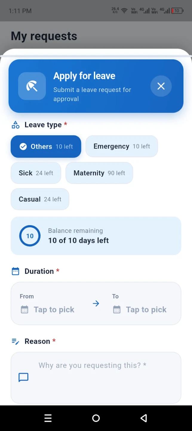 Solochoicez EMS app leave request screen